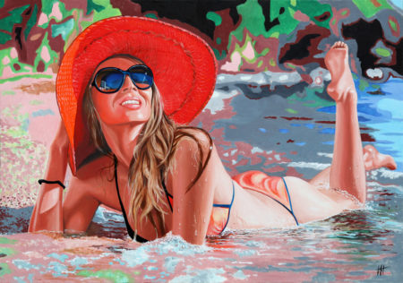 Bain de soleil, venturini, peinture à luile sur toile, galerie antibes, chapeau rouge.