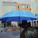 Blouson cuir, Boulevard d'Aguillon, chapeau, fontaine, galerie venturini, JJV, parapluies, pluie