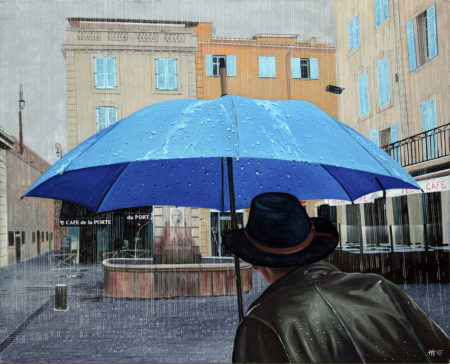 Blouson cuir, Boulevard d'Aguillon, chapeau, fontaine, galerie venturini, JJV, parapluies, pluie