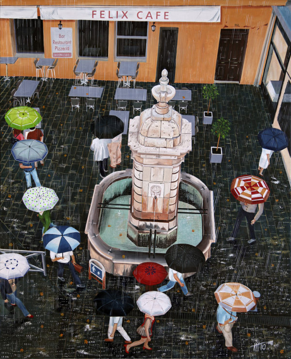 Boulevard d'Aguillon, fontaine, galerie venturini, JJV, parapluies
