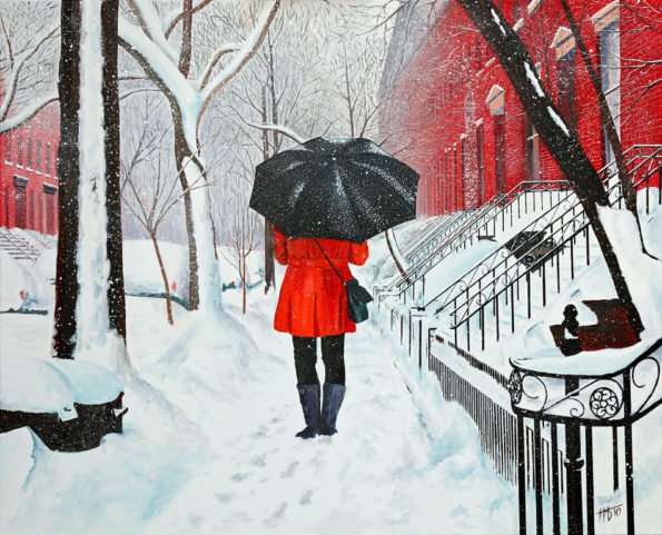 Brooklyn, Femme, galerie venturini, JJV, manteau rouge, neige, parapluie