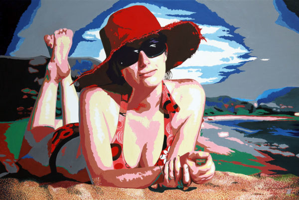 chapeau rouge, Femme, galerie venturini, JJV, lunettes de soleil, plage, Pop Art