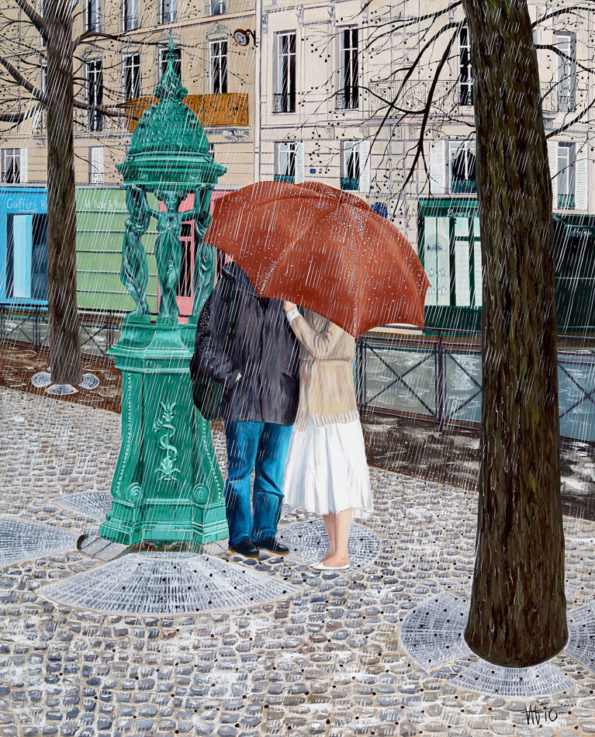 fontaine Wallace, galerie venturini, JJV, parapluie rouge, paris, pluie, vert