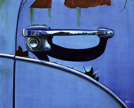 bleu, chromes, galerie venturini, poignée de voiture, portière, rouille, sérrure