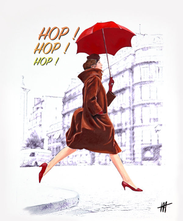 Femme, galerie venturini, hop!, JJV, manteau, parapluie rouge, paris, saut