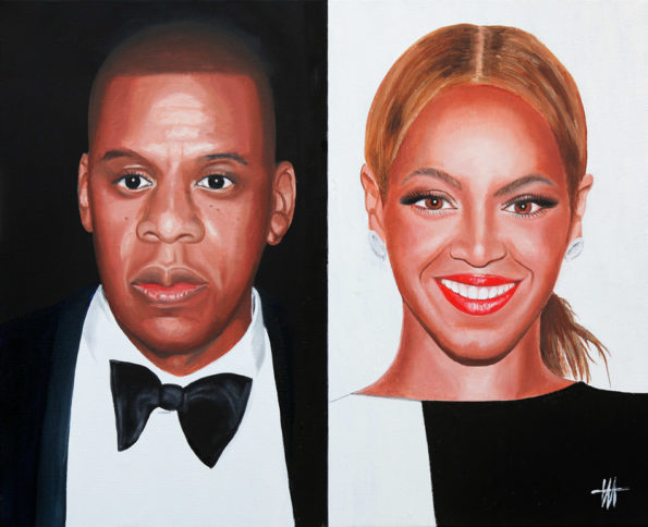Portrait de Jay Z & Beyoncé - huile sur toile de lin encadré, créé par Jean-Jacques Venturini, artiste peintre à Antibes, French Riviera - chanteurs, JJV, people
