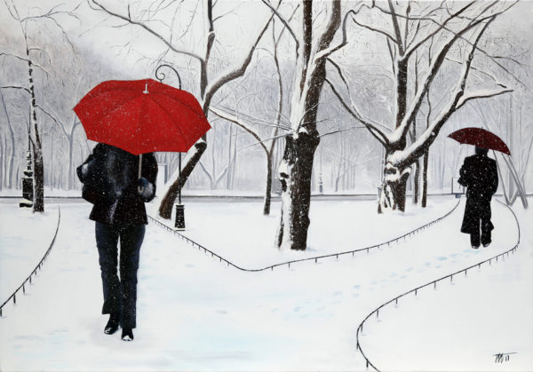 Femme, galerie venturini, JJV, neige, parapluie rouge, parc