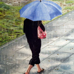 Femme, galerie venturini, JJV, neige, parapluie bleu, parc, pelouse, pluie