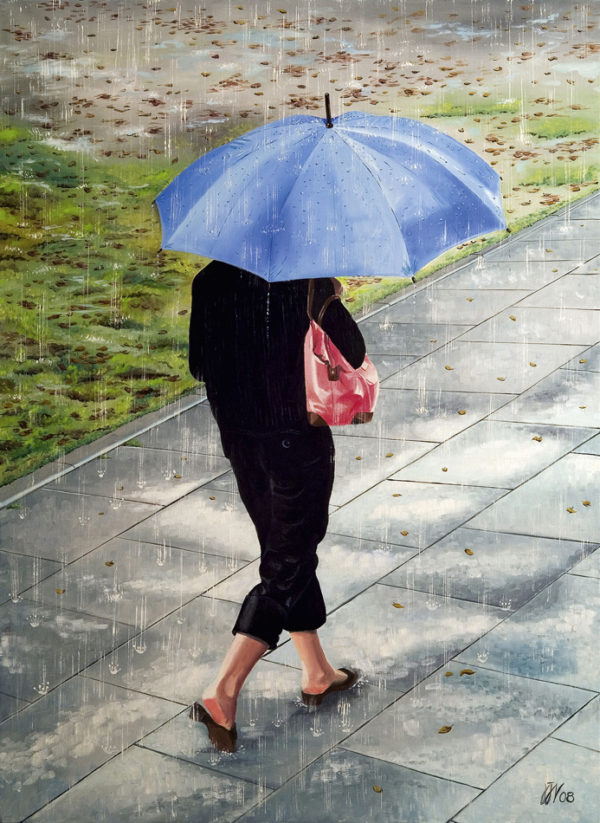 Femme, galerie venturini, JJV, neige, parapluie bleu, parc, pelouse, pluie