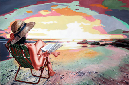 chapeau de paille, couché de soleil, Femme, galerie venturini, JJV, livre, marée, mer, reflets, rochers, sable, transat