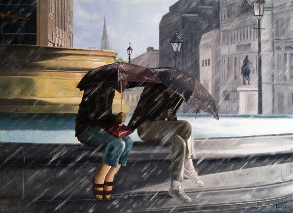 couple, Femme, fontaine, galerie venturini, JJV, parapluies, pluie