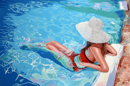 chapeau blanc, Femme, galerie venturini, JJV, piscine, reflets