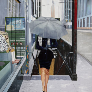Femme, galerie venturini, grattes ciel, JJV, métro, parapluie gris, rue, tailleur, vitrine