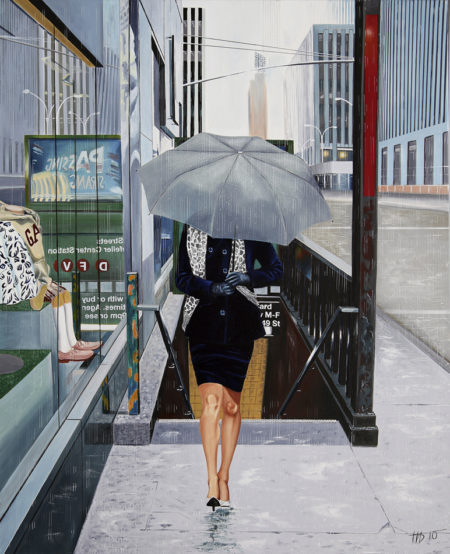 Femme, galerie venturini, grattes ciel, JJV, métro, parapluie gris, rue, tailleur, vitrine