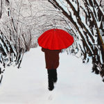 forêt, galerie venturini, homme, JJV, neige, parapluie rouge