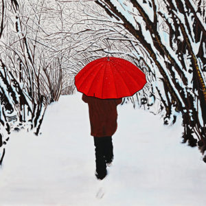 forêt, galerie venturini, homme, JJV, neige, parapluie rouge