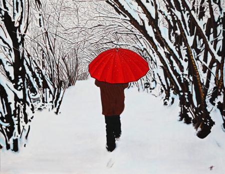 forêt, galerie venturini, homme, JJV, neige, parapluie rouge