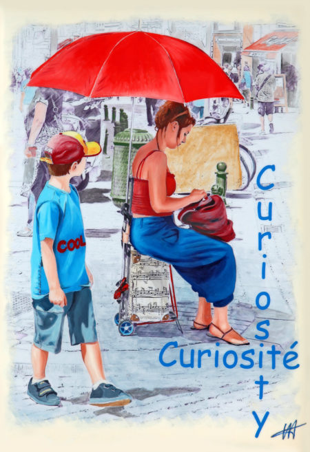 bleu, casquette, galerie venturini, JJV, parapluie rouge, rue, valise à roulettes, ville Non