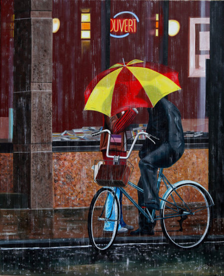 couple, galerie venturini, hotel, JJV, parapluie, pluie, rue, vélo, ville