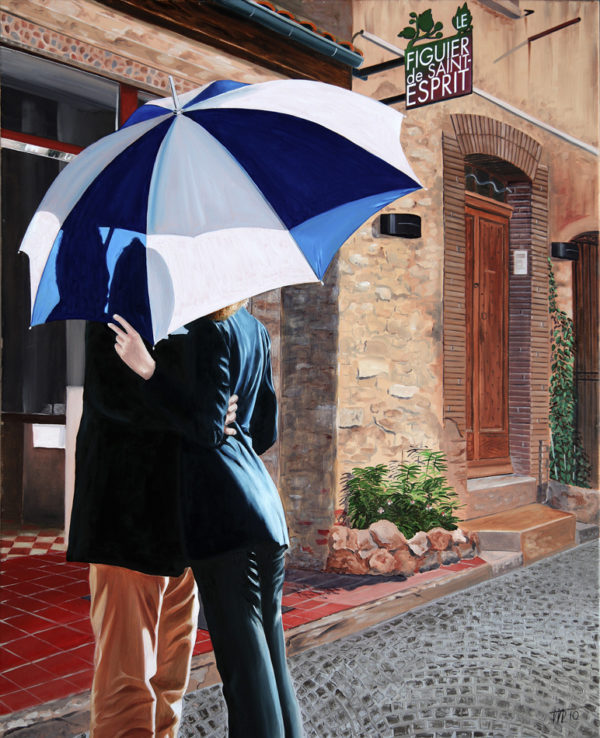 couple, galerie venturini, JJV, le figuier de saint esprit, ombre, parapluie, restaurant, rue, soleil, ville