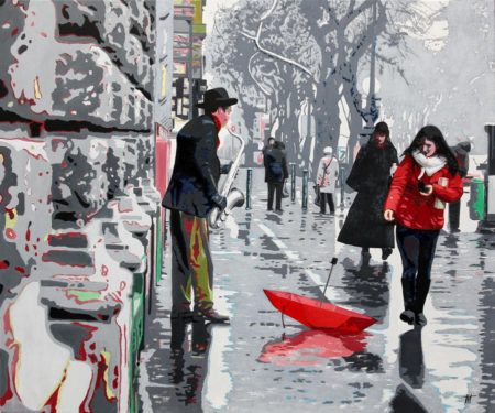 chapeau, galerie venturini, JJV, mur, parapluie rouge, passants, pluie, reflets, rue, saxophone