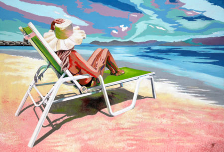 chapeau, ciel, Femme, galerie venturini, JJV, mer, Pop Art, sable, soleil, transat