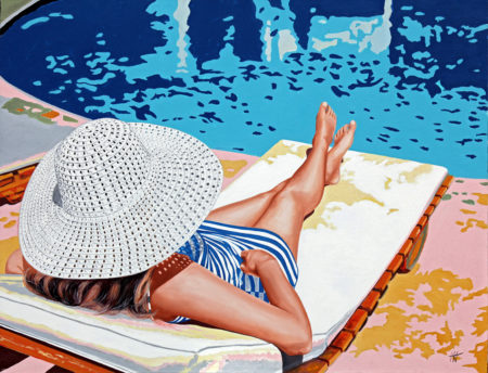 chapeau, Femme, galerie venturini, JJV, jupe rayée, moto, piscine, Pop Art, soleil, transat