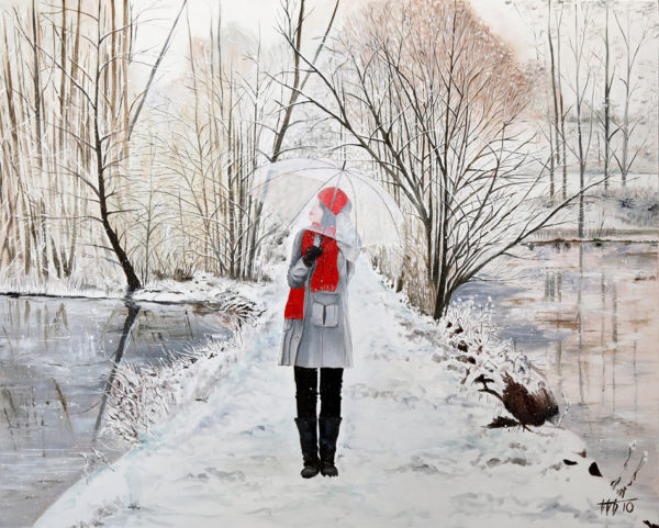 bonnet rouge, écharpe rouge, étang, Femme, forêt, galerie venturini, JJV, manteau gris, neige, parapluie transparent, rives