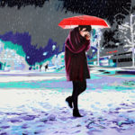 Femme, galerie venturini, JJV, luminaires, neige, nuit, parapluie rouge, reflet, smartphone