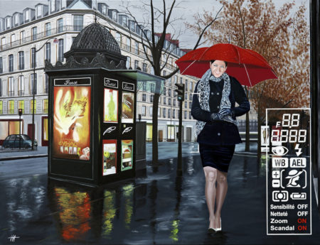 écharpe, Femme, galerie venturini, immeubles, JJV, kiosque, Paparazzi, parapluie rouge, pluie, presse people, scène médiatique, tailleur, ville