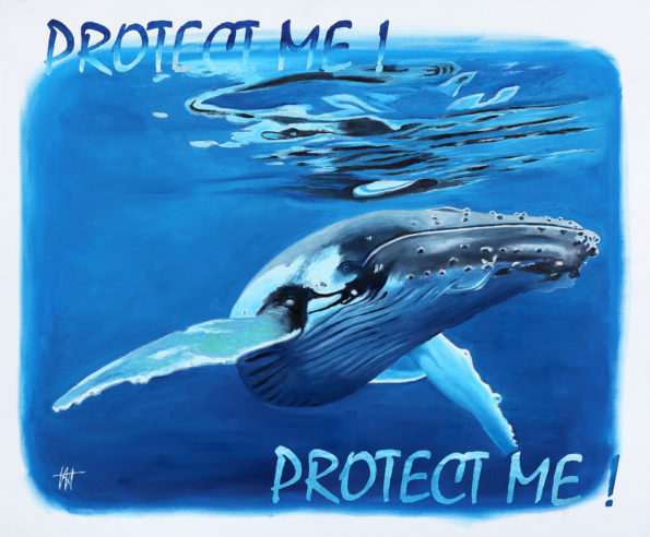 Tableau Protect Me ! - huile sur toile, une ode à la protection de nos océans, créé par Jean-Jacques Venturini, artiste peintre à Antibes. baleines, espèces menacées, galerie venturini, JJV, Juan les pins, mammifères marins, mer, SEA SHEPHERD