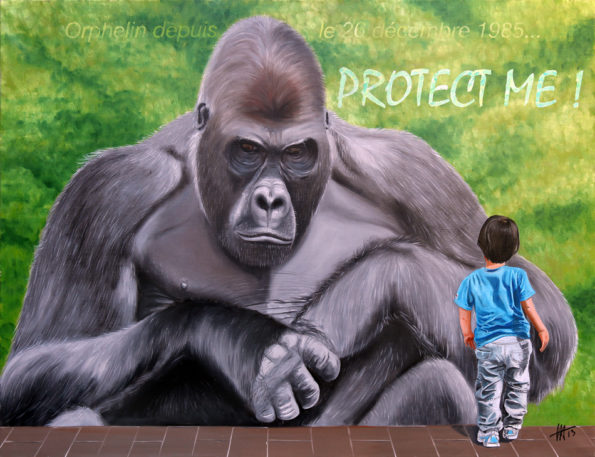 Tableau Protect me! Protection des gorilles, hommage à Dian Fossey - huile sur toile encadrée, créé par Jean-Jacques Venturini, artiste peintre à Antibes. Dian Fossey, République démocratique du Congo, gorilles de montagne, San Francisco, zoologiste, primatologue américaine.