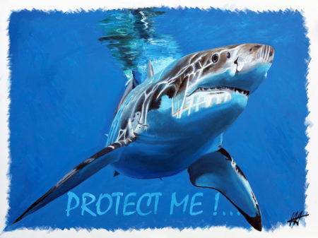 Tableau Protect Me! Le Cri d'Alarme pour les Requins en Danger, créé par Jean-Jacques Venturini, artiste peintre à Antibes. Requins, superprédateur, requin blanc, déclin des populations de requins, Espèces vulnérables, WWF, IFAW.