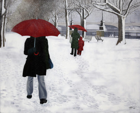 antibes, banc, enfant, galerie venturini, garde alternée, JJV, Juan les pins, neige, parapluie rouge, parents, seine