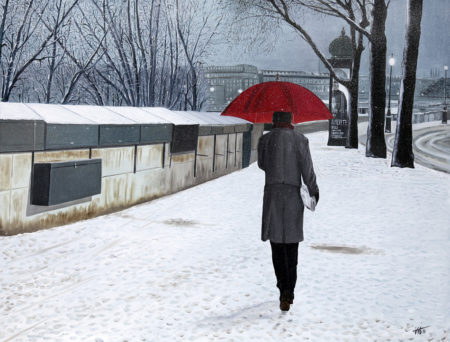 antibes, banc, bouquinistes, galerie venturini, homme, JJV, Juan les pins, kiosque, manteau, neige, parapluie rouge, quais de seine, seine
