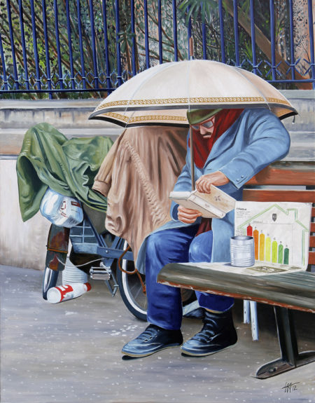 antibes, banc, galerie venturini, JJV, Juan les pins, lecture, parapluie, SDF, vélo