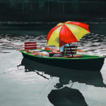 antibes, barque, galerie venturini, JJV, Juan les pins, parapluie, pêcheur, reflet