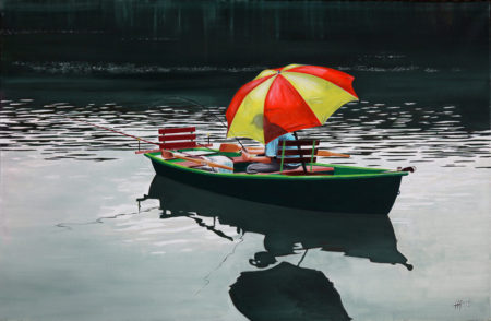 antibes, barque, galerie venturini, JJV, Juan les pins, parapluie, pêcheur, reflet
