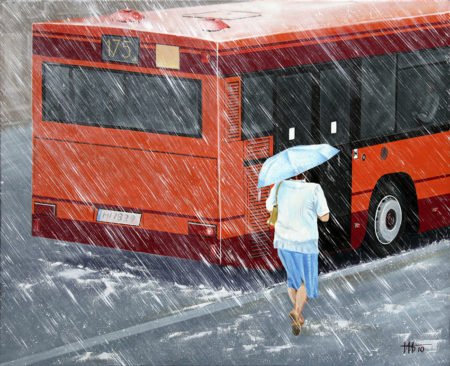 antibes, bus, Femme, galerie venturini, JJV, Juan les pins, parapluie, pluie, stress