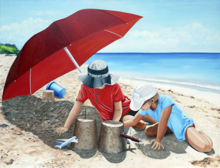 antibes, avions, casquette, chapeau, chateau de sable, enfants, galerie venturini, JJV, Juan les pins, mer, parasol rouge, sable, seau, twins