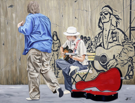 antibes, chapeau, danseur, galerie venturini, guitare, JJV, Juan les pins, mur peint, Woodstock
