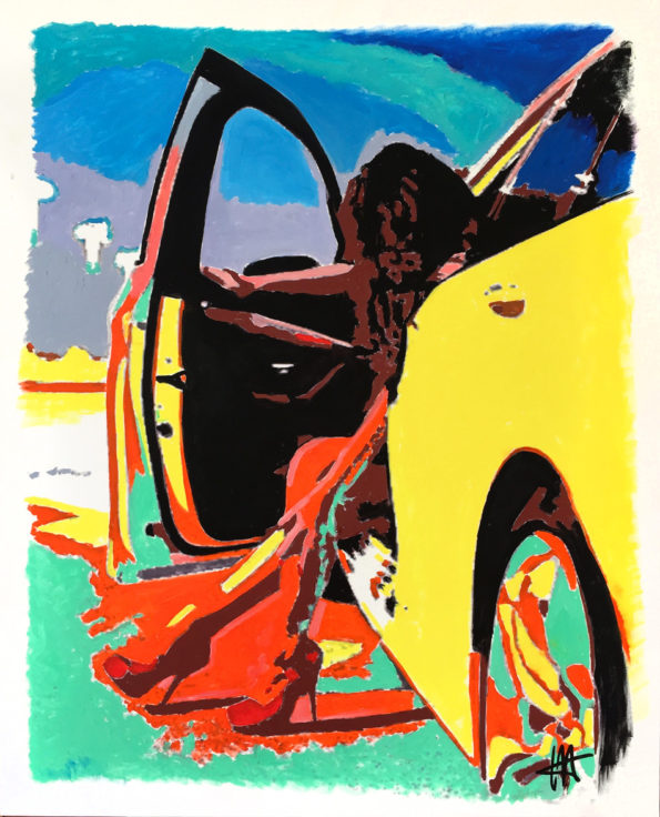 Tableau Femme dans sa cabriolet jaune finition résine, créé par Jean-Jacques Venturini, artiste peintre à Antibes