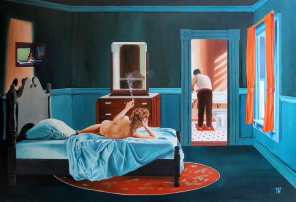Tableau Nu Féminin - La chambre bleue - huile sur toile, créé par Jean-Jacques Venturini, artiste peintre à Antibes, French Riviera