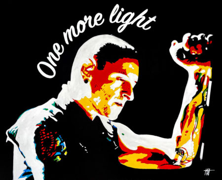 Tableau de Chester Bennington, à l'huile avec finition en résine, célèbre l'artiste avec la mention "One More Light", créé par Jean-Jacques Venturini.