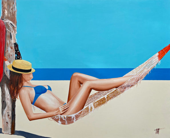 Admirez cette toile peinte à la main et laissez-vous envahir par le calme qu'elle dégage. Cette femme profitant de la plage allongée dans son hamac.. Détente...