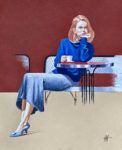 Tableau La Femme en Bleue à la terrasse d'un café - huile sur toile de lin, créé par Jean-Jacques Venturini, artiste peintre à Antibes, French Riviera