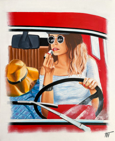 Tableau Femme Moderne - Elle aime la couleur rouge - huile sur toile créée par Jean-Jacques Venturini, artiste peintre Antibes.