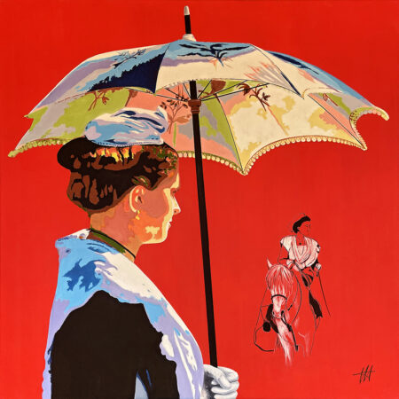 Arlésienne, un tableau tourné vers la mémoire provençale, créé par Jean-Jacques Venturini, artiste peintre à Antibes, Aimargues, French Riviera