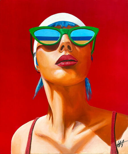 Femme à Lunette /15 – Tableau contemporain d’une femme aux lunettes de soleil vertes sur fond rouge de Jean-Jacques Venturini à Antibes et Aimargues