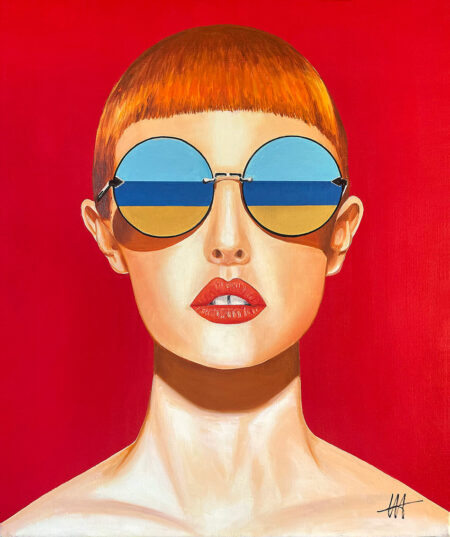 Femme à Lunette /16 – Tableau contemporain d’une femme aux lunettes de soleil vertes sur fond rouge de Jean-Jacques Venturini à Antibes et Aimargues